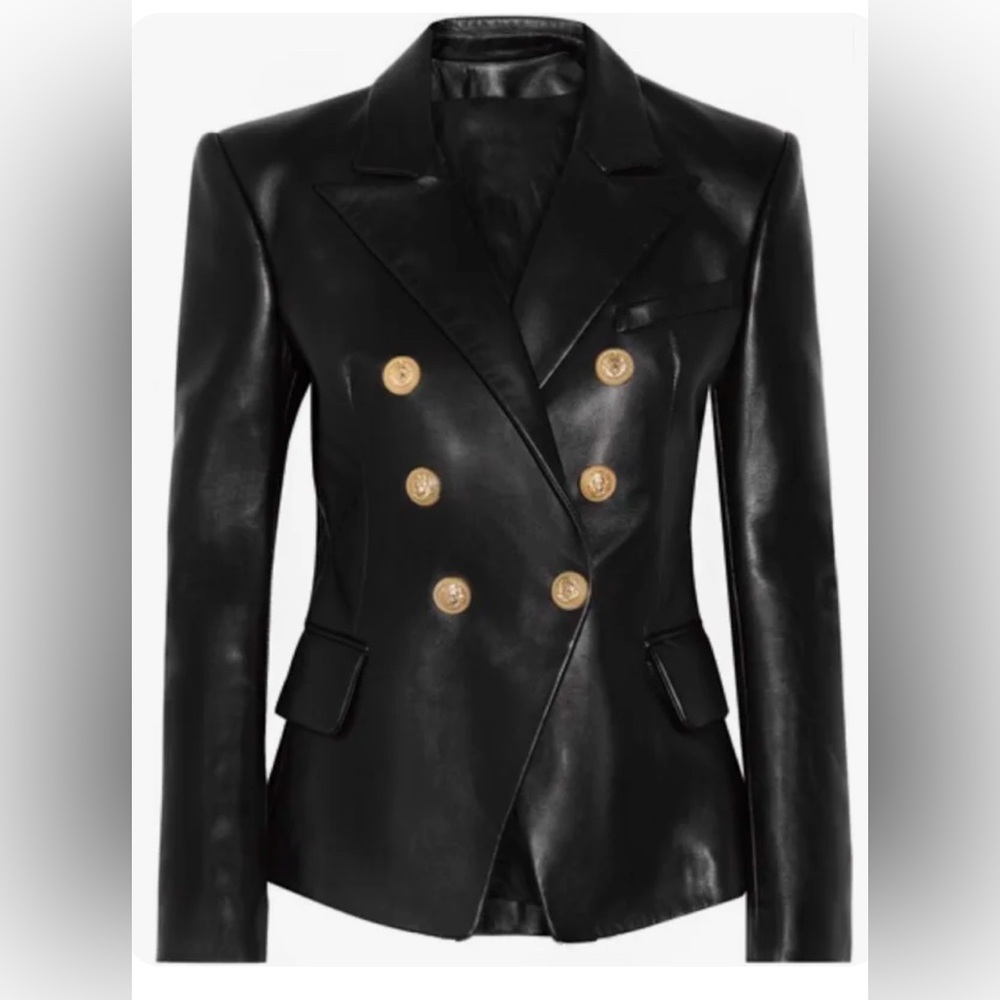 Black Double-Breasted Leather Blazer Jacket - Picture 1 of 8